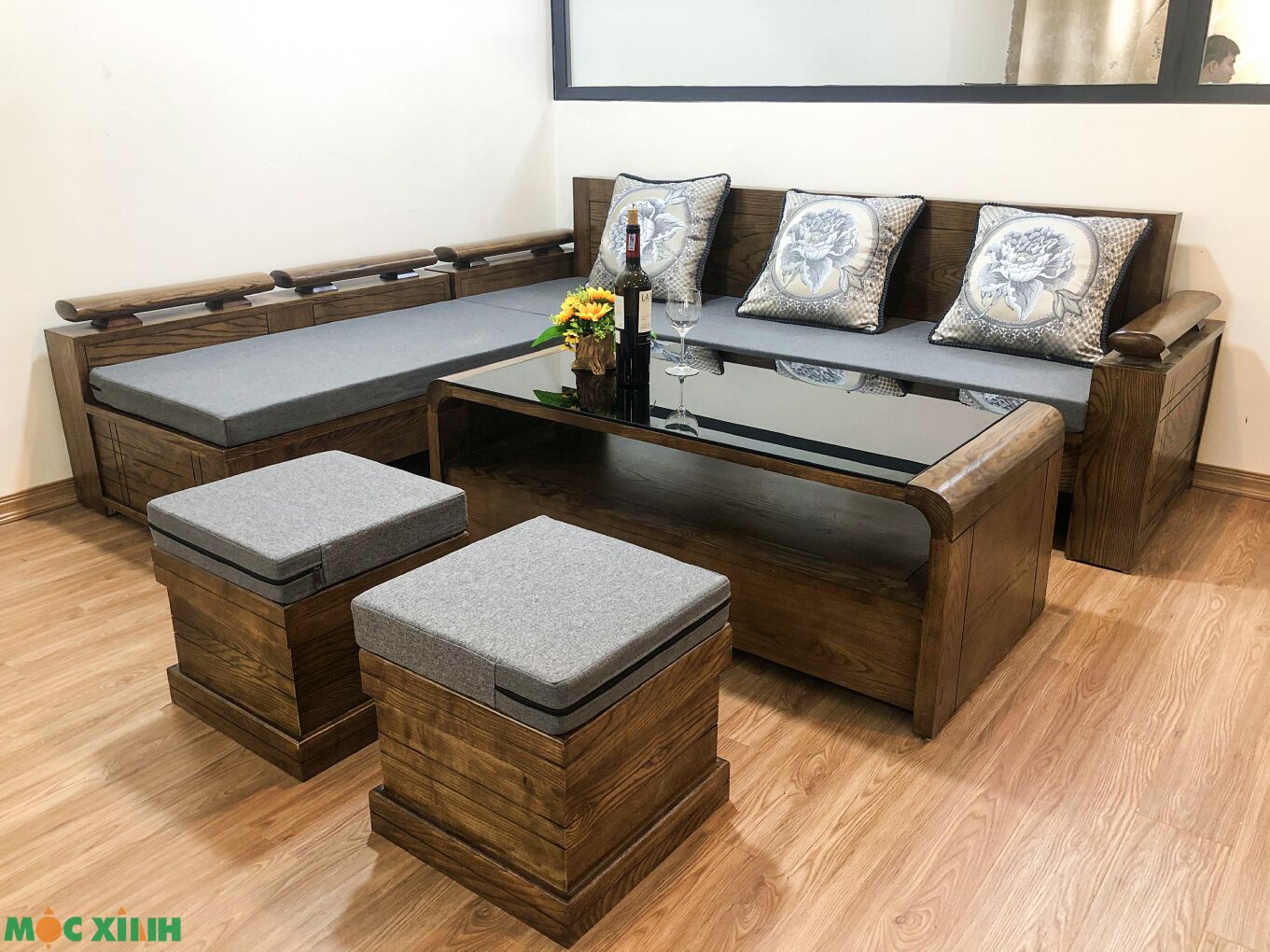 Bàn ghế phòng khách góc chữ L gỗ sồi