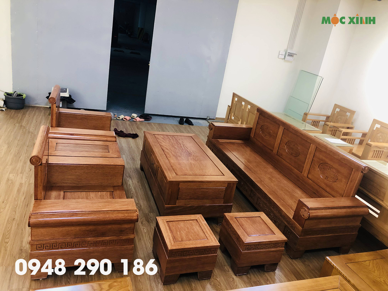 Bàn ghế phòng khách góc chữ U bằng gỗ còng